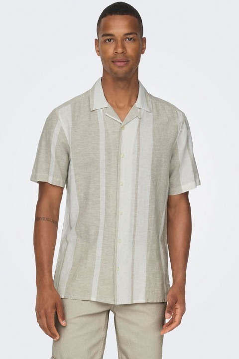 ONLY & SONS Caiden SS Stripe Linen Resort Hemd Vintage Khaki