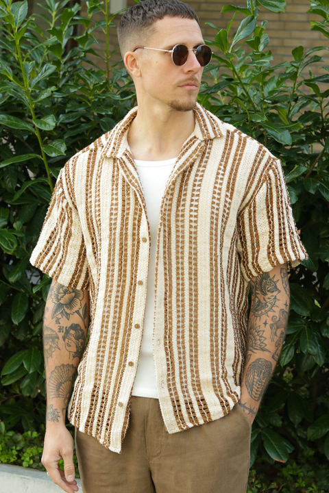 ONLY & SONS Dani Chrochet Resort SS Hemd Brown Stripe