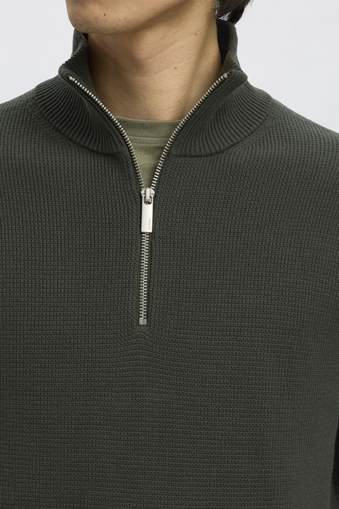 Selected Dane LS Structure Knit Kalf Zip Deep Forest