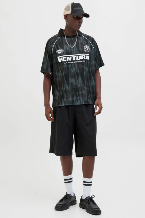 Jack & Jones Retreat AOP Mesh Open Collar Polo SS Black