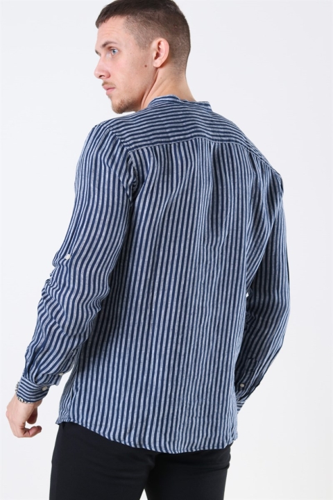 Only & Sons Luke LS Linen Mandarine Hemd Dress Blues/White Stripes
