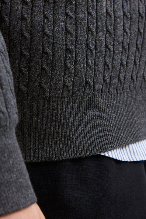 Jack & Jones Emil Knit Cable Crew Neck Dark Grey Melange