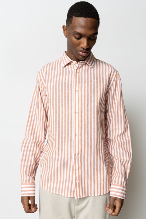 Clean Cut Copenhagen Jamie Cotton Linen Striped Hemd LS Orange/Ecru