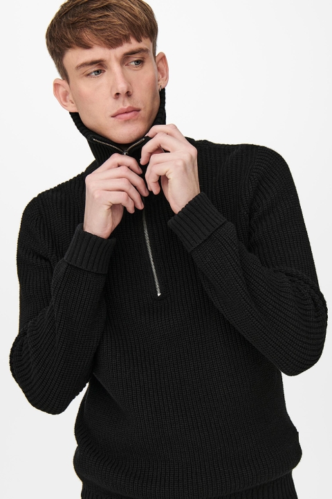 ONLY & SONS BEVIN LIFE HIGH NECK ZIP KNIT Black