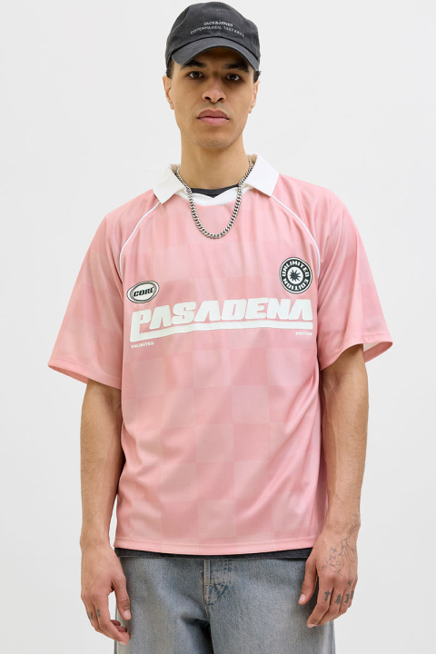 Jack & Jones Retreat AOP Mesh Open Collar Polo SS Pink Icing