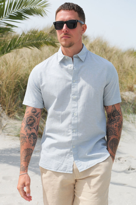 Selected Regular Sun Linen Hemd SS Iceberg Green / White