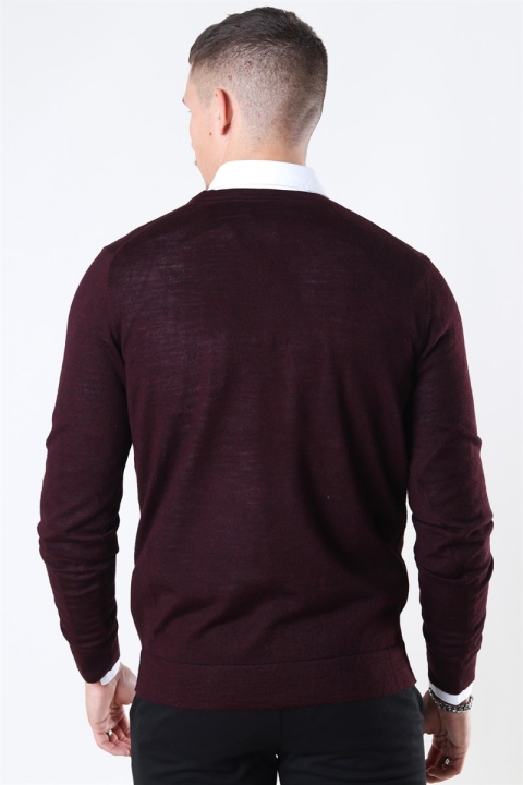 Lindbergh Merino O-Neck Stricken Dark Bordeaux