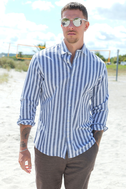 Selected Reg New Linen Hemd LS Sky Captain Stripe