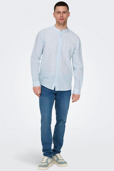 ONLY & SONS Caiden LS Mao Stripe Linen Hemd Cashmere Blue
