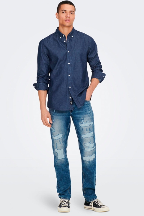 ONLY & SONS DAY REG DOWN CHAMBRAY LS Hemd Dark Blue Denim