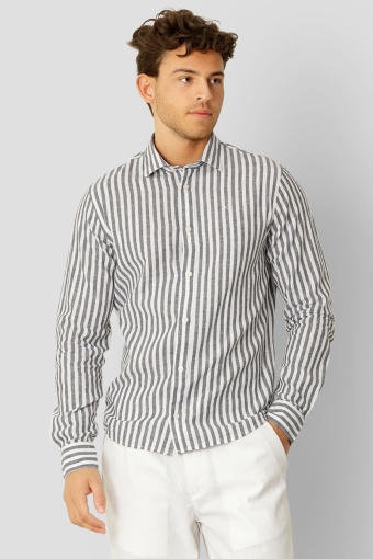 Jamie Cotton Linen Striped Hemd LS Navy / Ecru