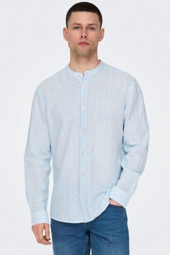 Caiden LS Mao Stripe Linen Hemd Cashmere Blue
