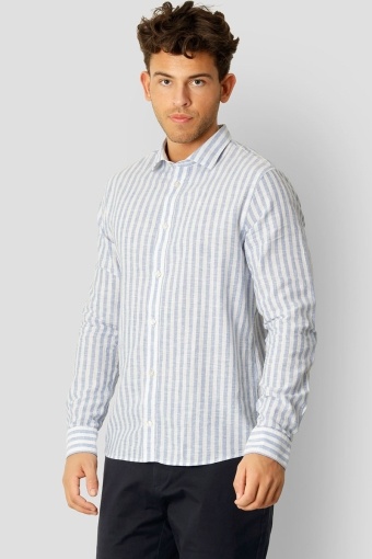 Jamie Cotton Linen Striped Hemd LS Blue Melange / Ecru