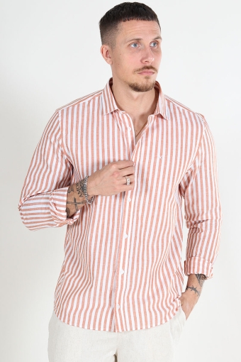 Jamie Cotton Linen Striped Hemd LS Orange/Ecru