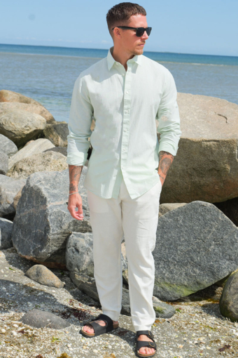 Slim Sun Linen Hemd LS Iceberg Green / White