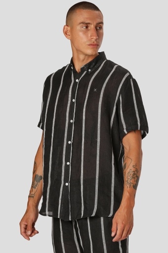 Ed Striped linen Hemd S/S Black