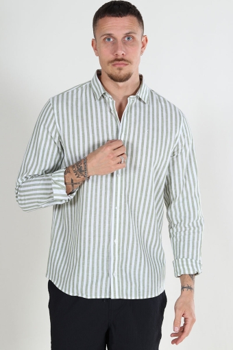 Jamie Cotton Linen Striped Hemd LS Green/Ecru