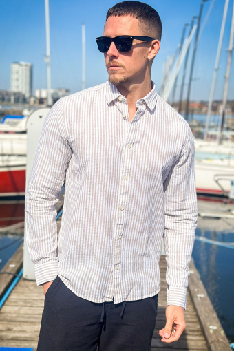 Caiden LS Stripe Linen Hemd Chinchilla