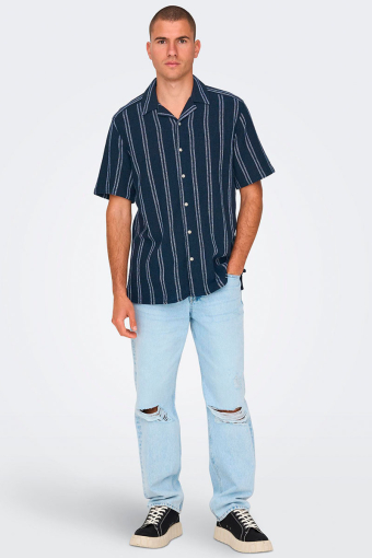 Trev Reg Structure Stripe SS Hemd Dark Navy