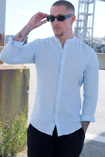 Caiden LS Linen Mao Hemd Cashmere Blue