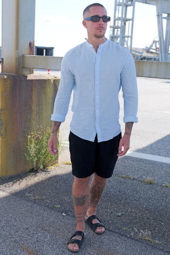 Caiden LS Linen Mao Hemd Cashmere Blue